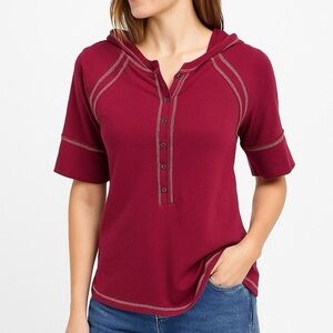Short Sleeve Hoodie Henley Placket Varsity Stitched Sporty Glam Y2K Raspberry L